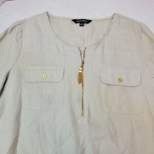 Ellen Tracy Linen Blend Tunic Top Gold Zipper Pockets Women's Size L Langen Look